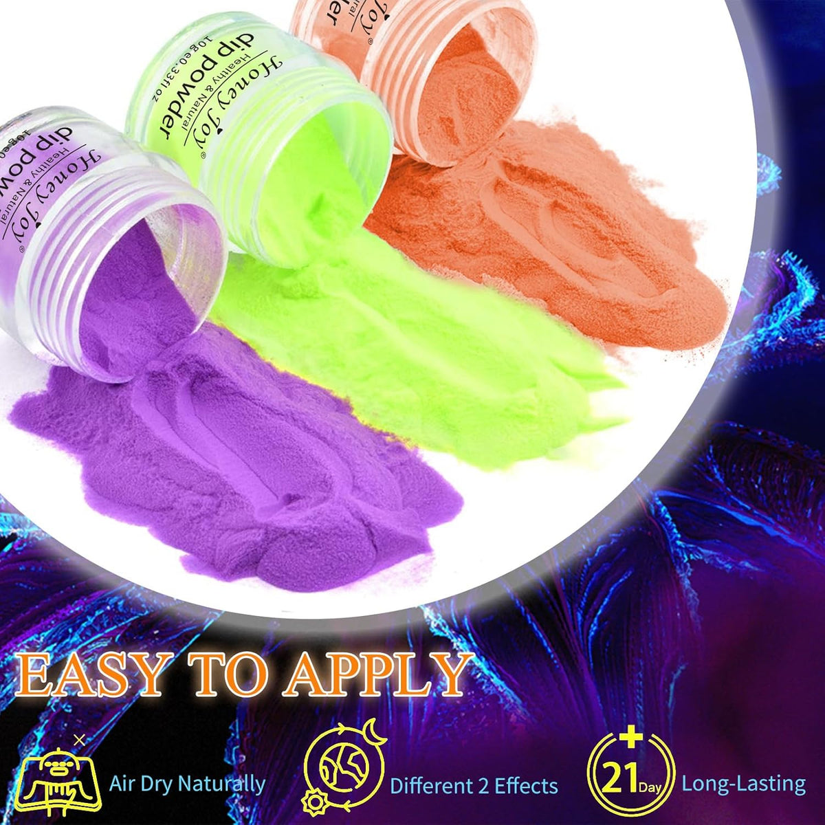 Honey Joy Dip Powder Nail Kit Starter, 4 Colors Glow in Dark Neon Dipping Powder Liquid Set for