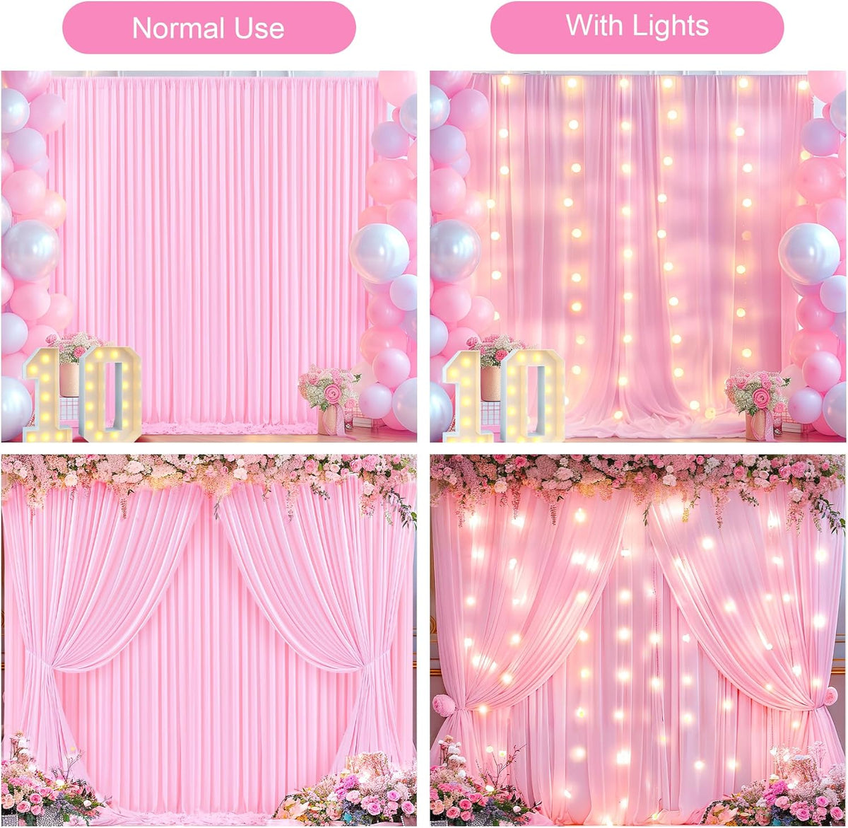 Pink Backdrop Curtains with Lights for Parties,10x10FT Wrinkle Free Polyester Wedding Photo