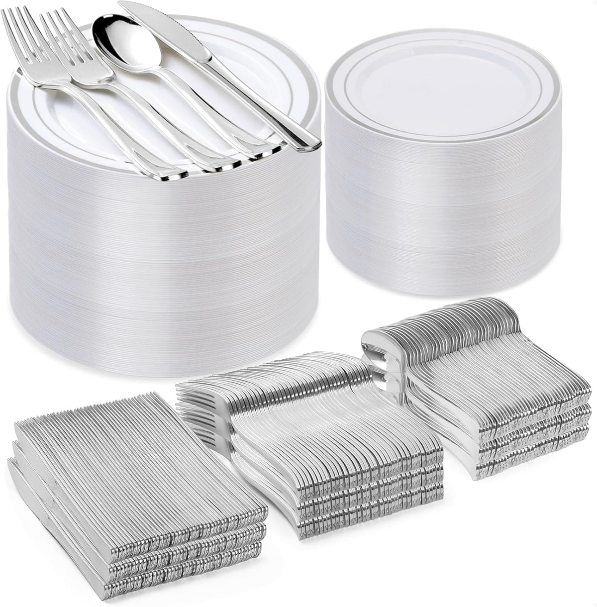 600PCS Silver Plastic Plate Set (100 Guests), Disposable Plates for Party Wedding Birthday