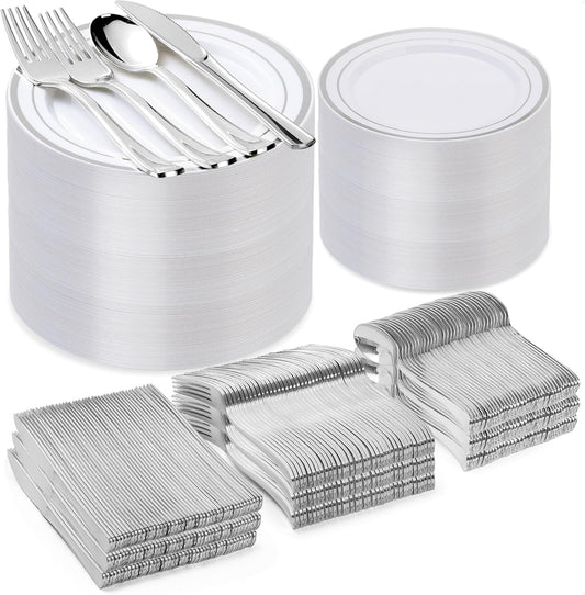600PCS Silver Plastic Plate Set (100 Guests), Disposable Plates for Party Wedding Birthday