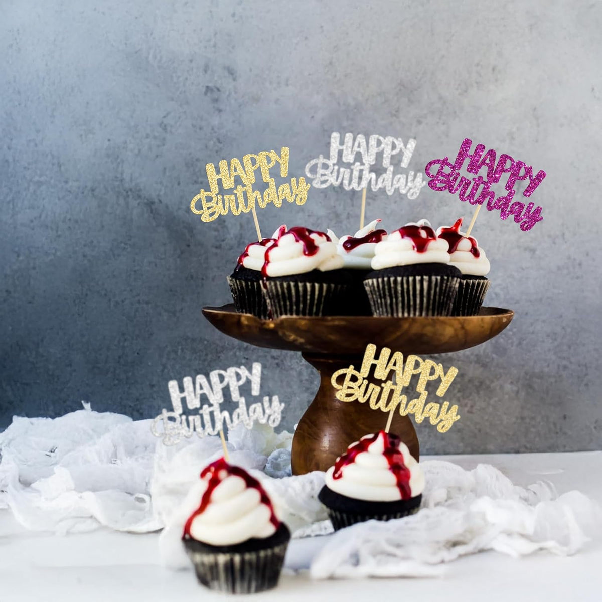 Gyufise 24Pcs Happy Birthday Cupcake Toppers Glitter Birthday Cupcake Food Picks for Celebrating