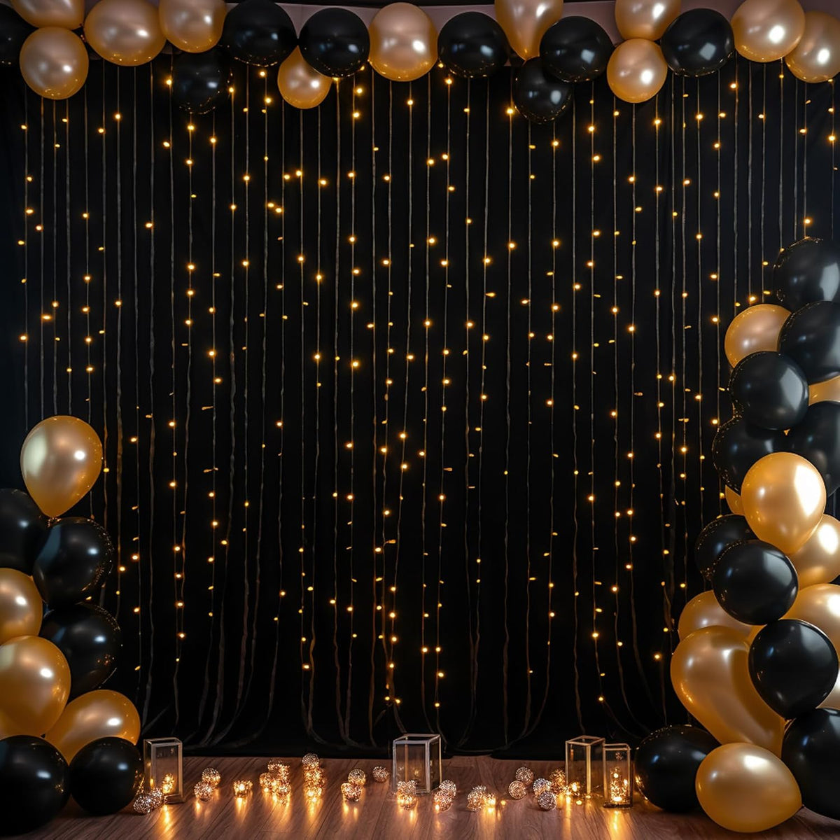 Black Backdrop Curtain with Lights String for Parties,10x10FT Wrinkle Free Black Drapes Wedding
