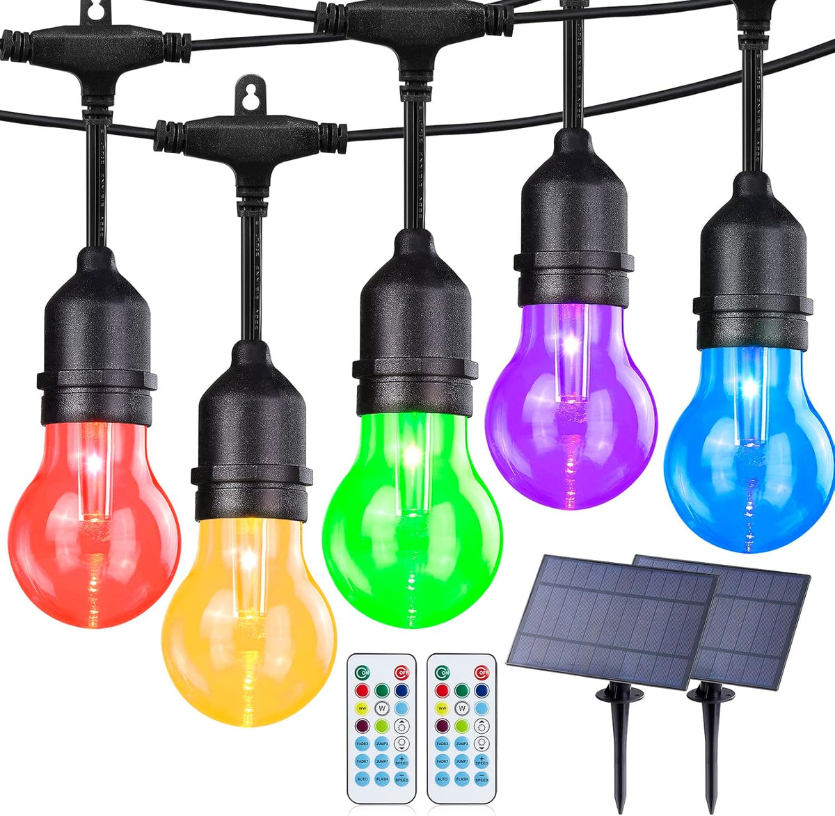 96FT Solar Outdoor String Lights with Remote, 30 Shatterproof Edison Bulbs, Dimmable Color Changing