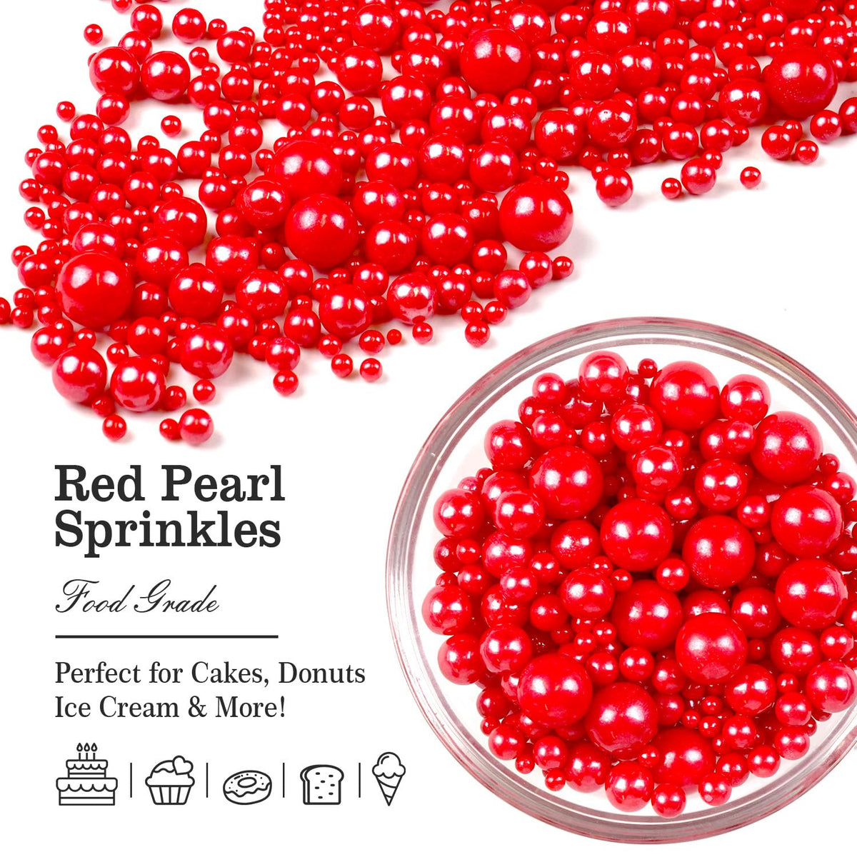 Red Pearl Sugar Sprinkles for Cake Decorating, Mix Size, Edible Candy Pearls Cupcake Toppers