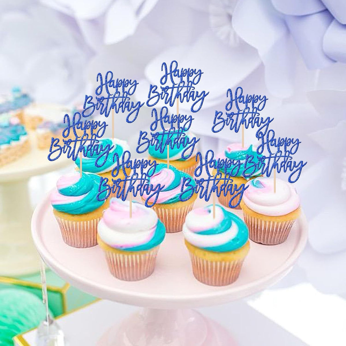 24 PCS Happy Birthday Cupcake Toppers Glitter Picks for Celebrating Anniversary Theme Party Cake