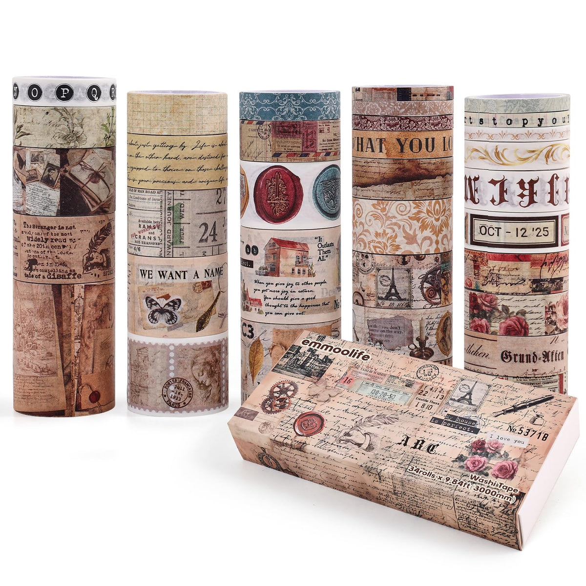 34 Rolls Vintage Washi Tape Set,Letter Map Stamp Stripe Literature Art Writable Aesthetic Washy