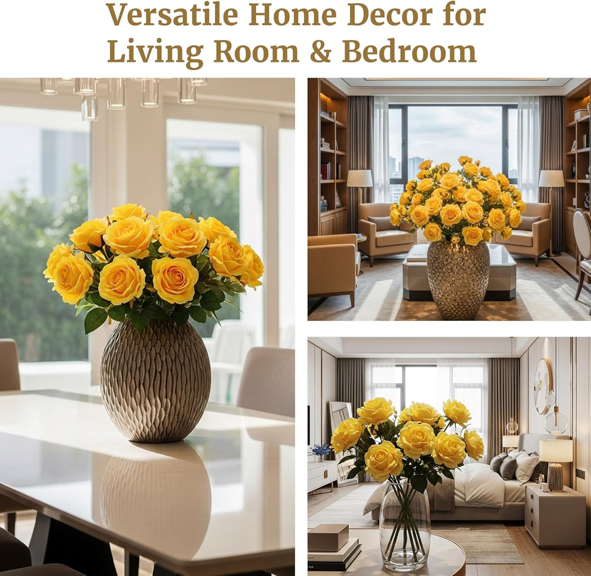 Auihiay 60PCS Yellow Roses Bulk, Yellow Velvet Silk Fake Roses, Realistic Flowers for Wedding
