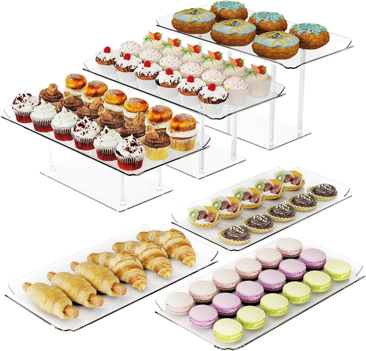 6 Pack Dessert Table Display Set, Clear Acrylic Dessert Display Stands with 3 Pack Dessert Tray