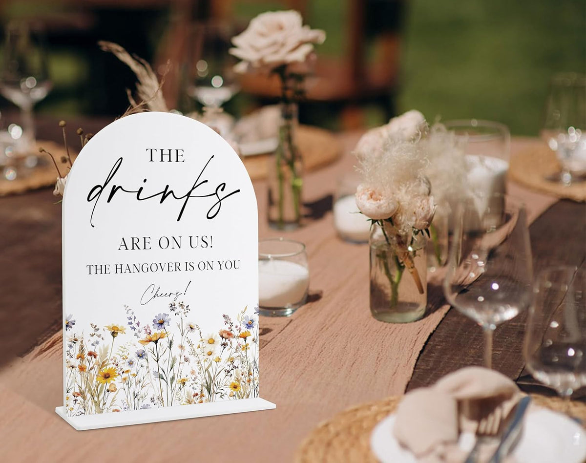 Wedding Signs for Ceremony and Reception, Boho Floral Acrylic Drinks are on Us Hangover is on You