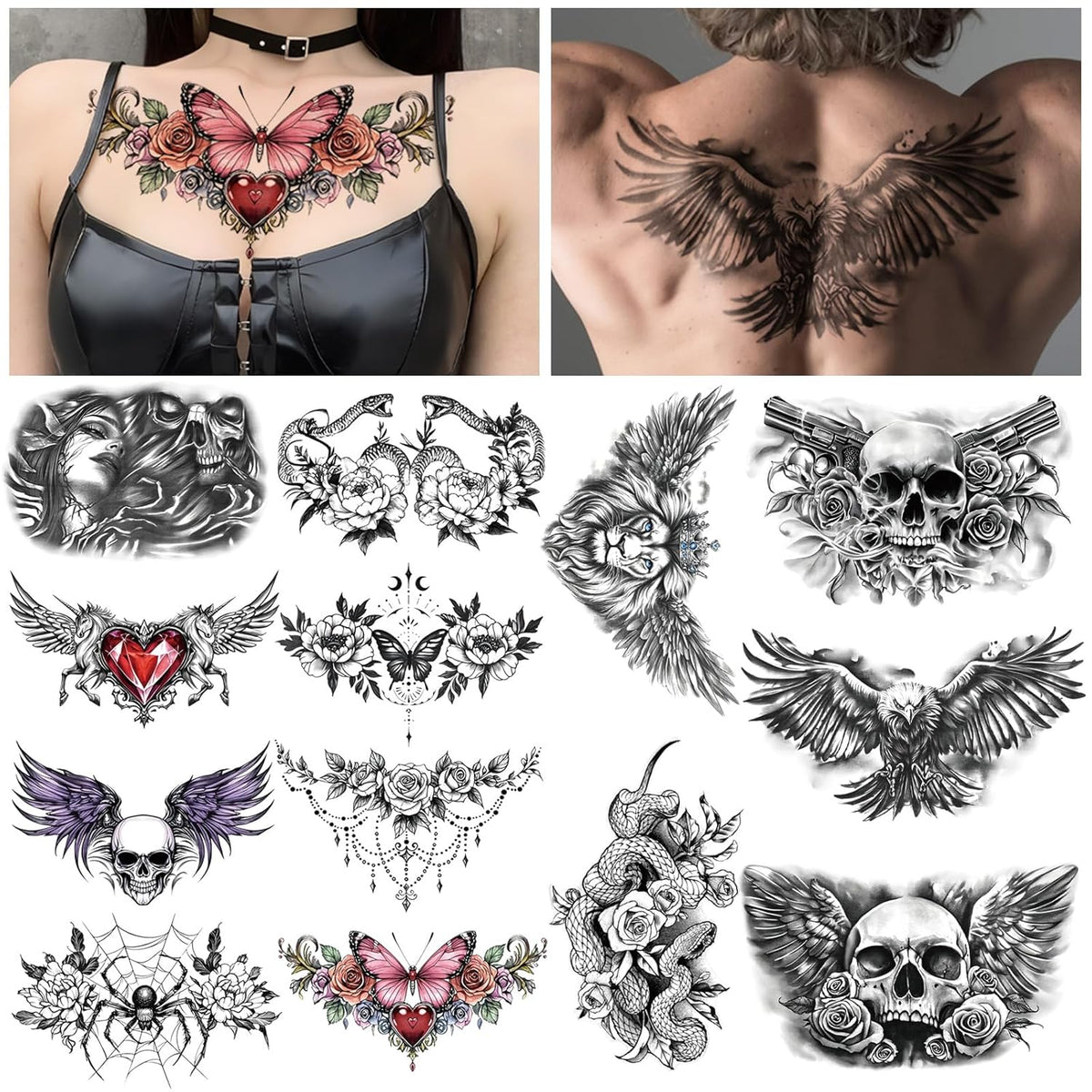Yazhiji 13 Sheet Large Chest Underboob Temporary Tattoos for Adult, 8 Sheets Sexy Rose Flower Belly