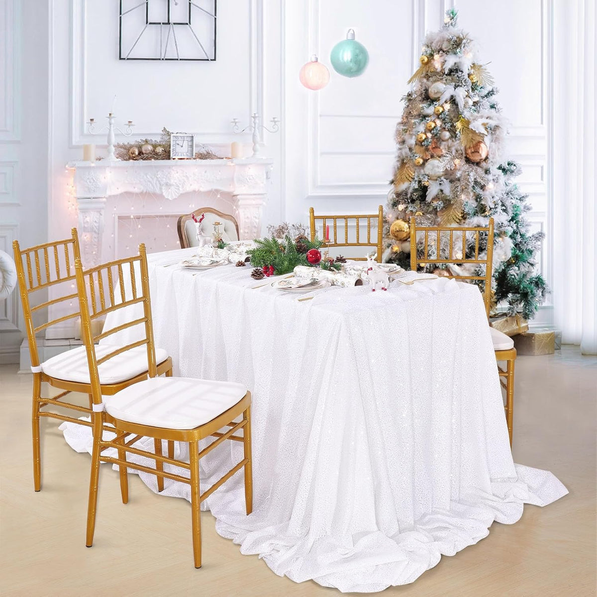 QueenDream White Sequin Tablecloth Rectangle 90 x 156 Inch Table Cloth for Wedding Bridal Shower