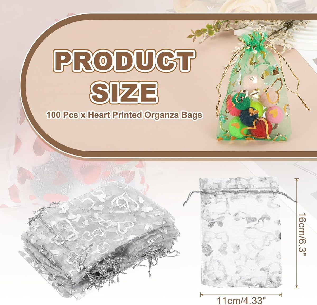 PATIKIL 100 Pcs 4x6 Inch Heart Printed Organza Bags, Silver Sheer Heart Organza Bags with