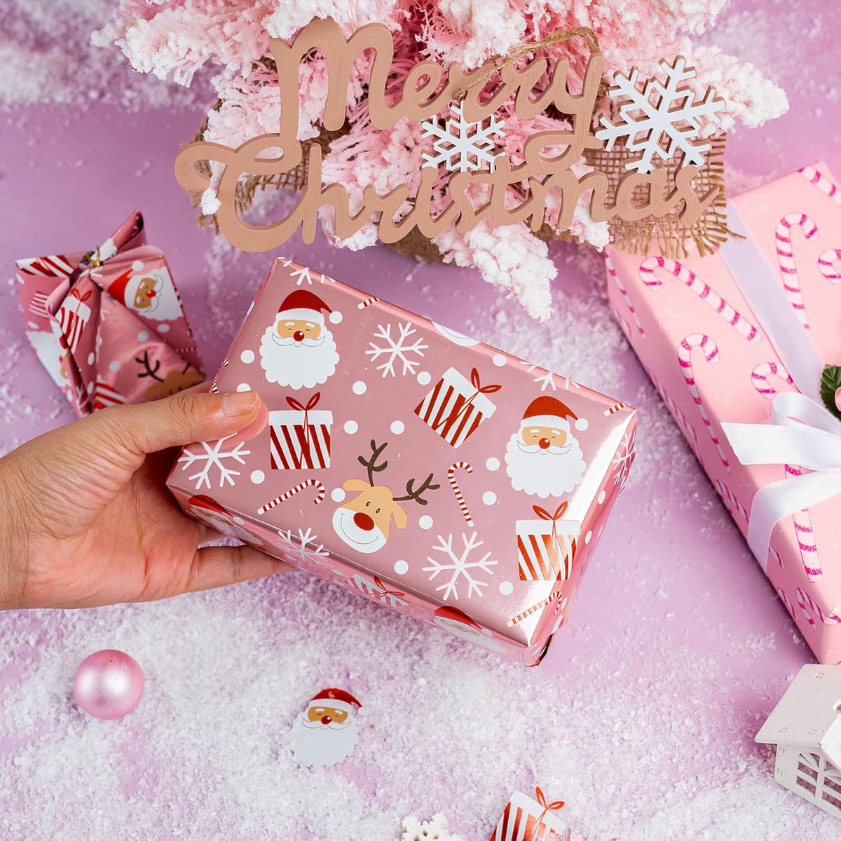 LeZakaa Christmas Pink Wrapping Paper Jumbo Roll, Santa Claus & Candy Cane, Metallic Foil, Rose
