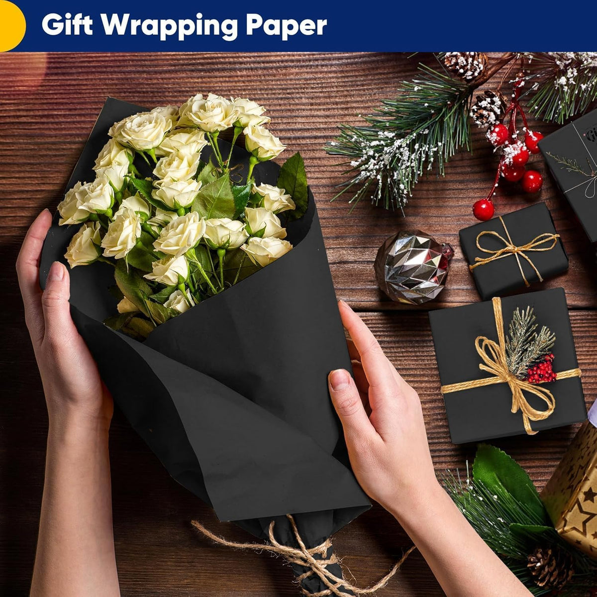 Vanhench Black Wrapping Paper 17.5"×760" (63'), Black Construction Paper for Poster Bulletin Board