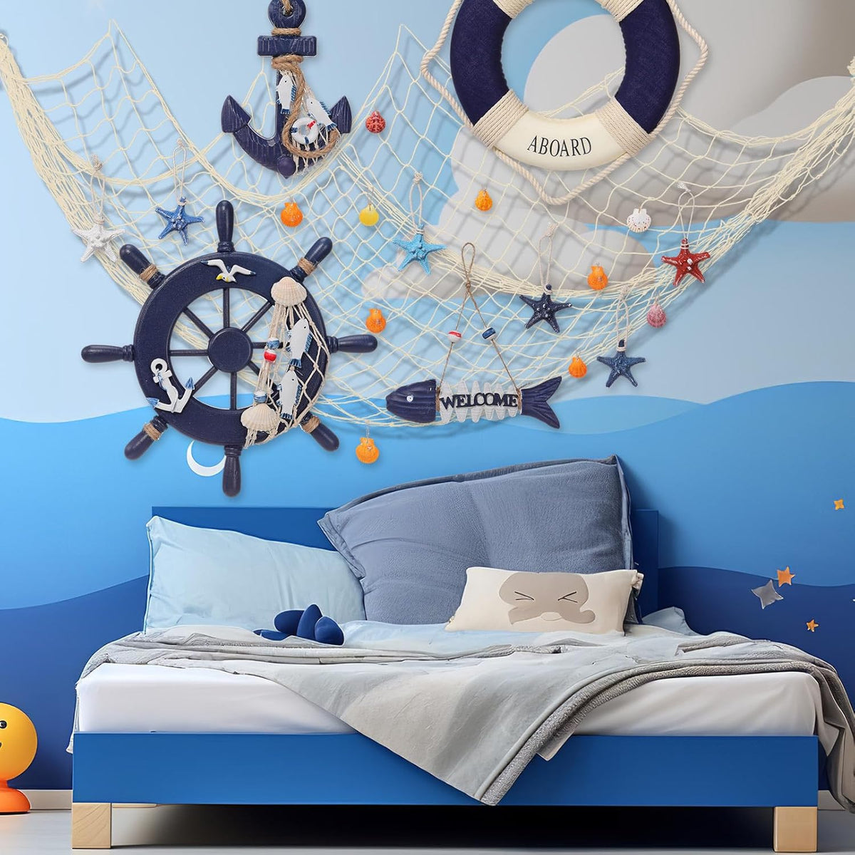 Marsui 11 Pcs Wooden Nautical Wall Decor Fishing Net Decoration, Include Decorative Fishing Net