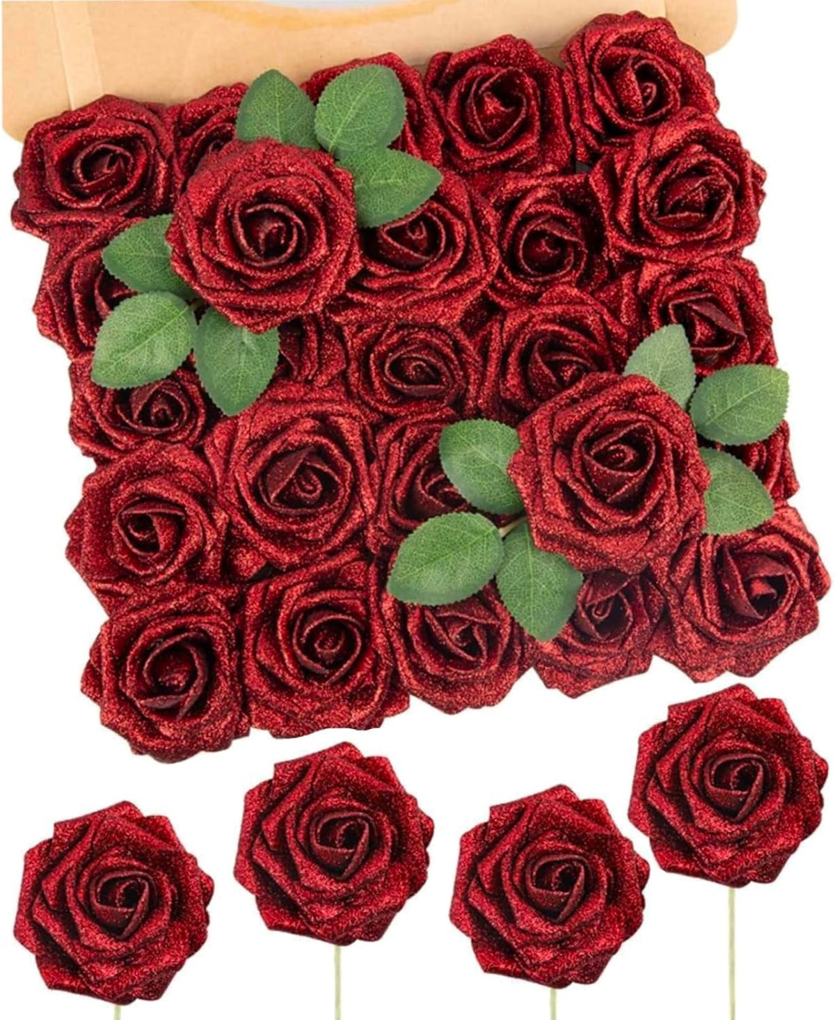 N&T NIETING Artificial Flowers Glowing Red Flowers Foam 50pcs Glitter Roses Real Looking Fake Roses