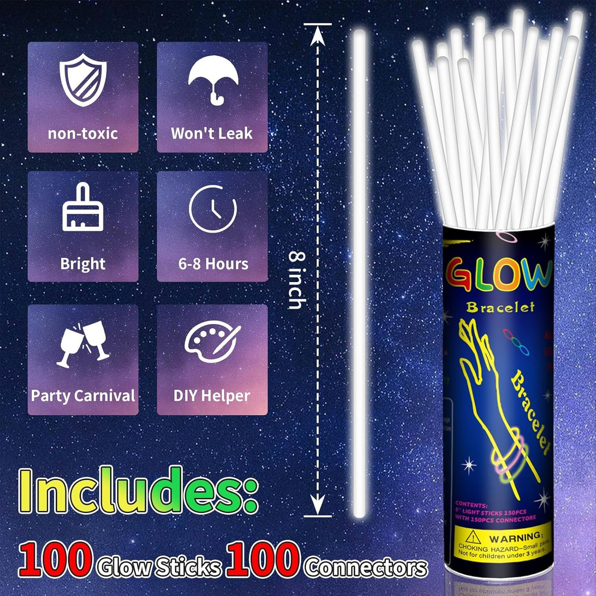100 Pack 8” White Glow Sticks Bulk with 100 Connectors Neon Glow In The Dark Party favors Supplies