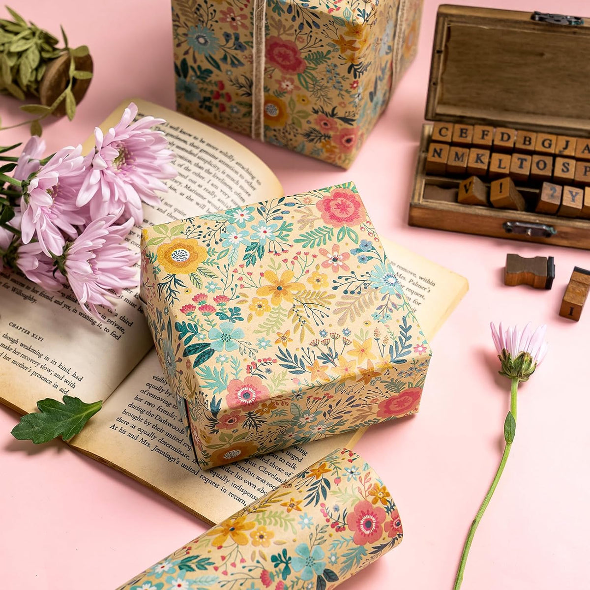 WRAPAHOLIC 30 Inch Jumbo Kraft Floral Wrapping Paper Roll - 30 Inch x 33 Feet - Spring Summer