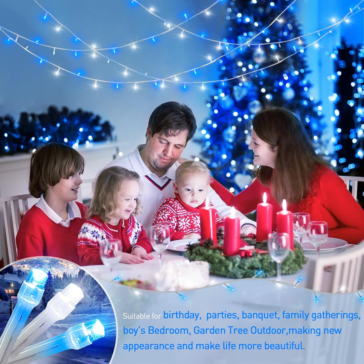 JMEXSUSS Blue and White Christmas Lights Outdoor with Remote, 600 LED String Lights Indoor Clear