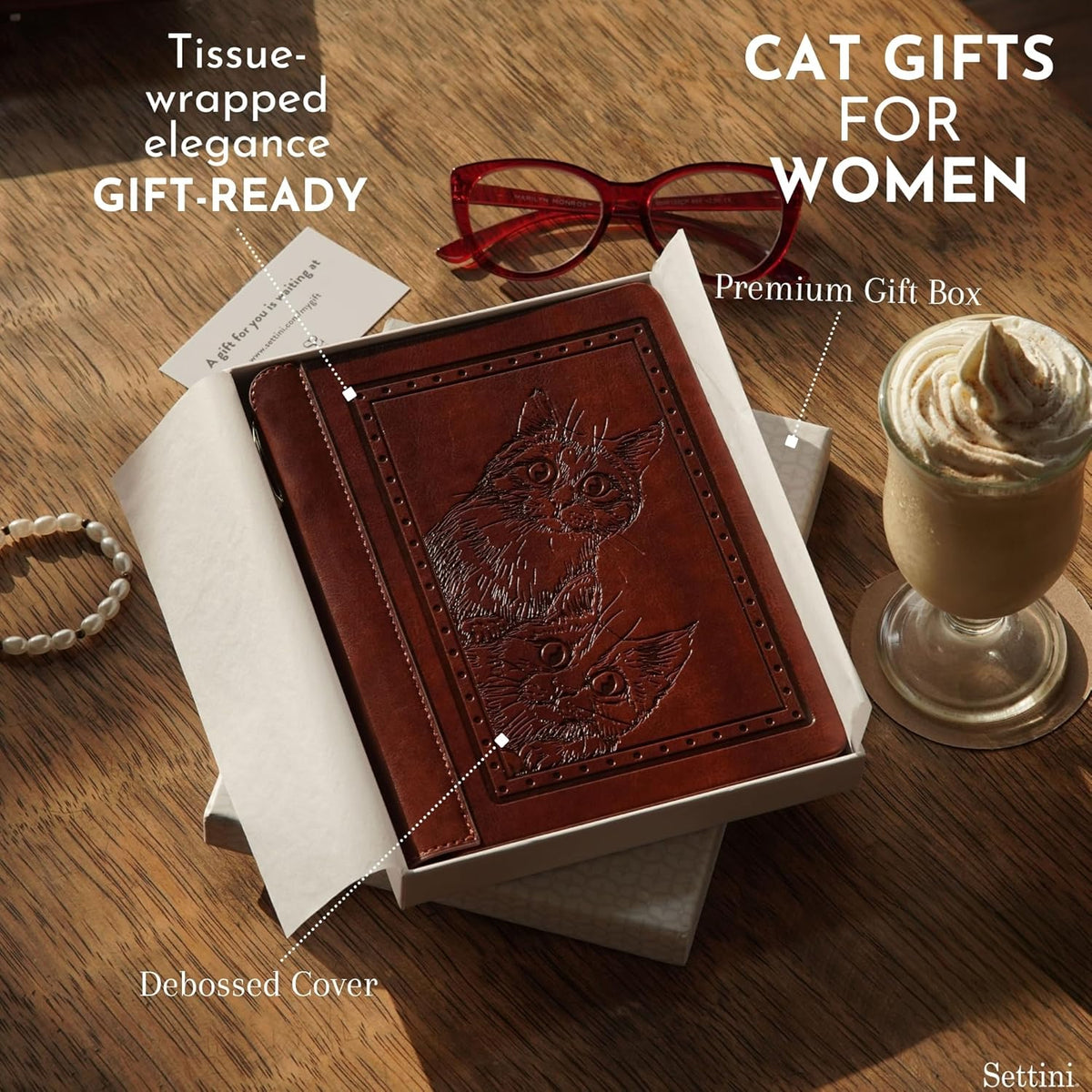 SETTINI® Lined Journal - Cat Journal for Writing Gift Set - Hardcover Vegan Leather, Includes