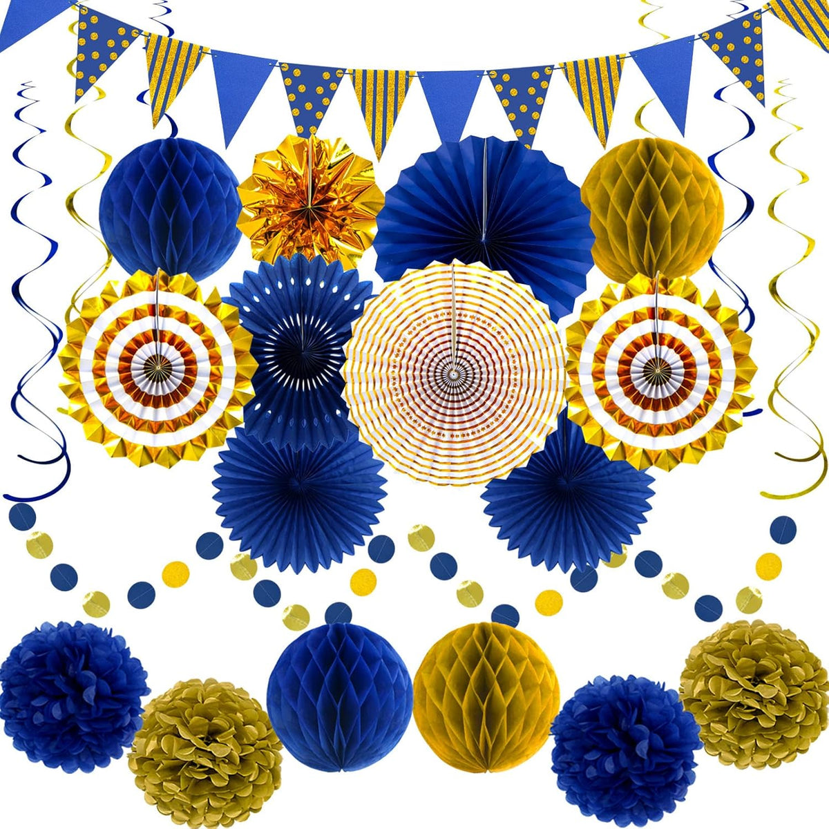 Blue Gold Party Decorations Paper Fans, Graduation Season Hanging Glitter Triangle Flags Banner