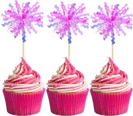 Gyufise 20Pcs Foil Firework Cupcake Toppers Happy Birthday Cake Toppers Sparkle Tinsel Flower Drink