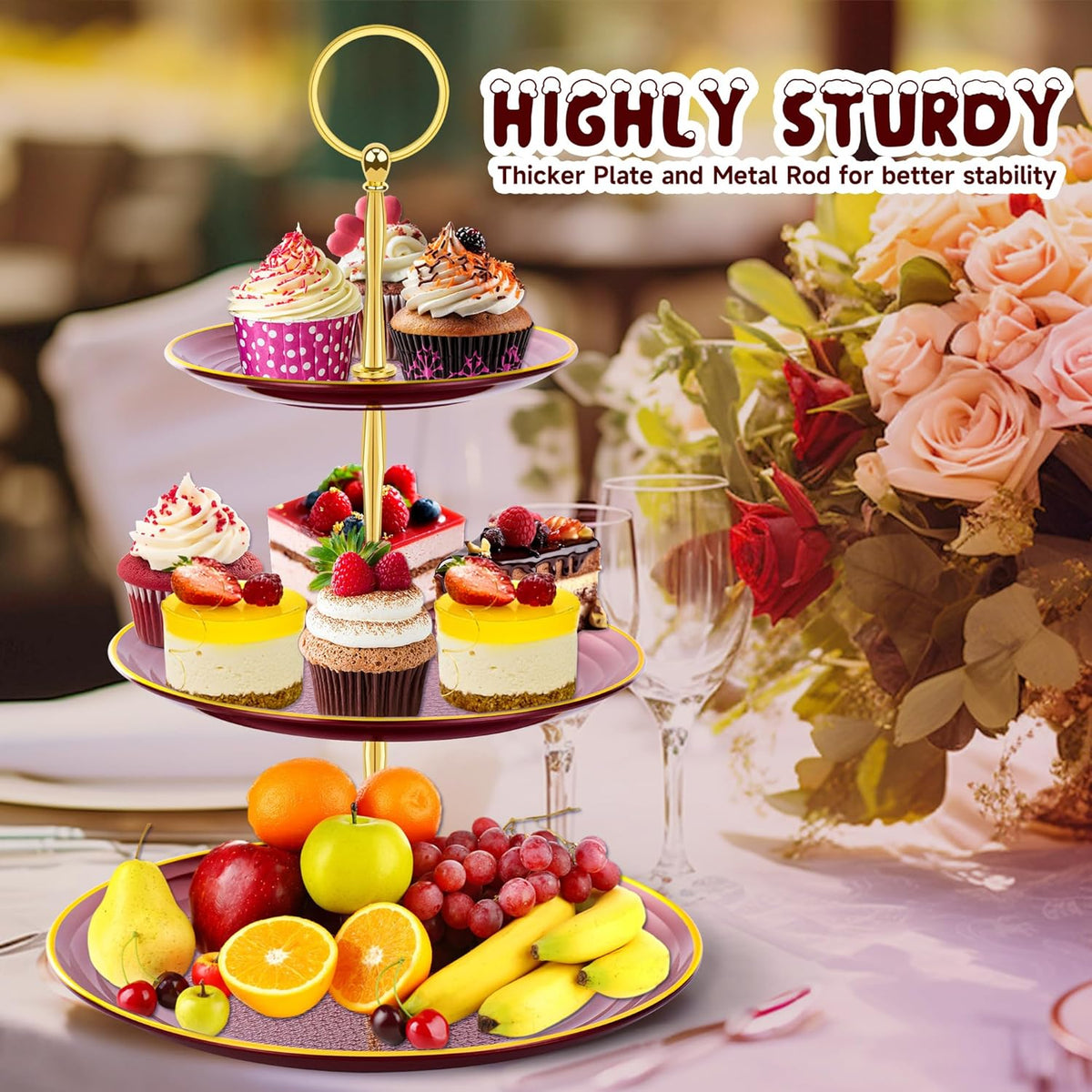 PinCute Cupcake Stand Holder - 3 Tier Cup Cake Dessert Stands, Plastic Tiered Serving Tray&Metal