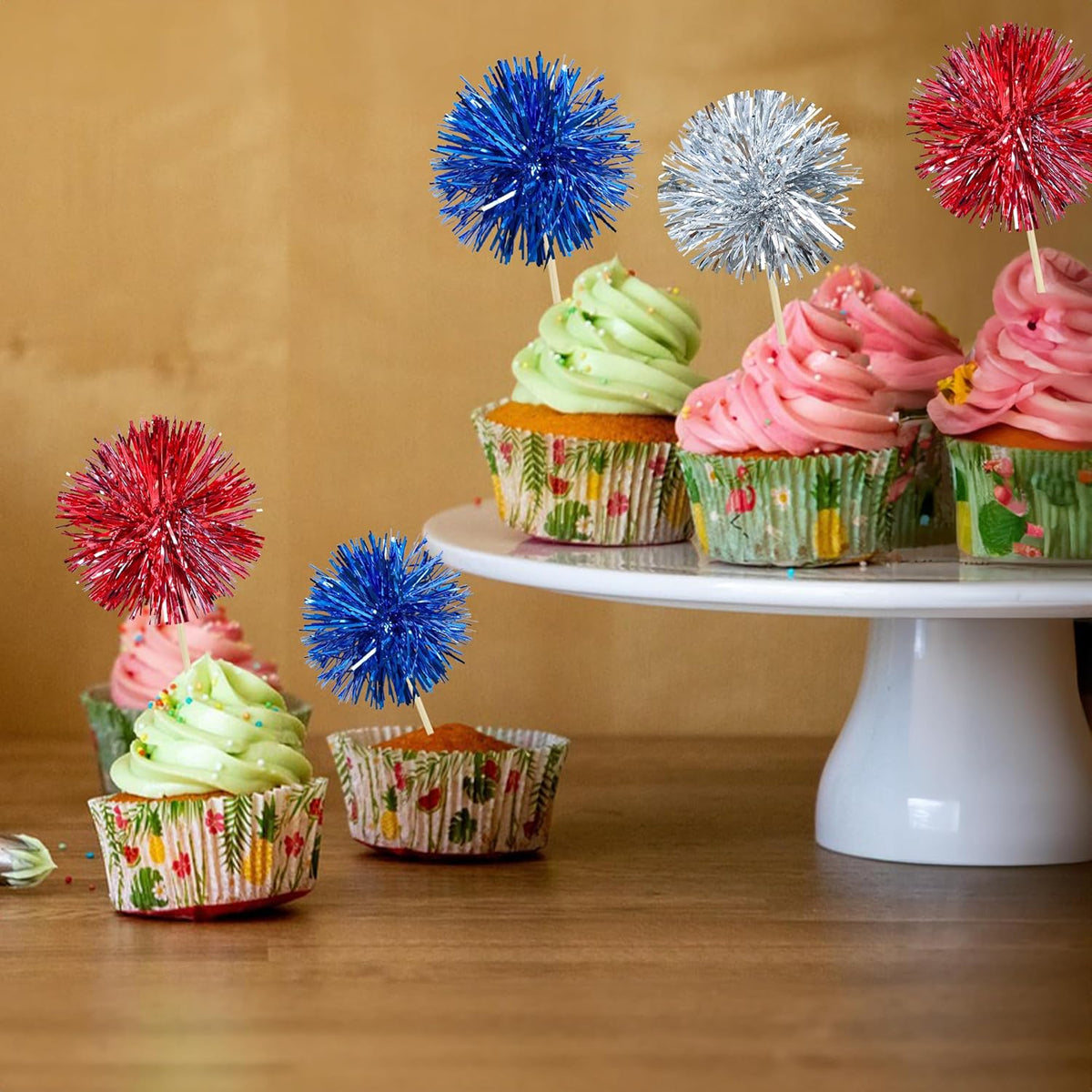 Gyufise 30Pcs Foil Firework Cupcake Toppers Sparkle Tinsel Cake Toppers Tinsel Drink Cake