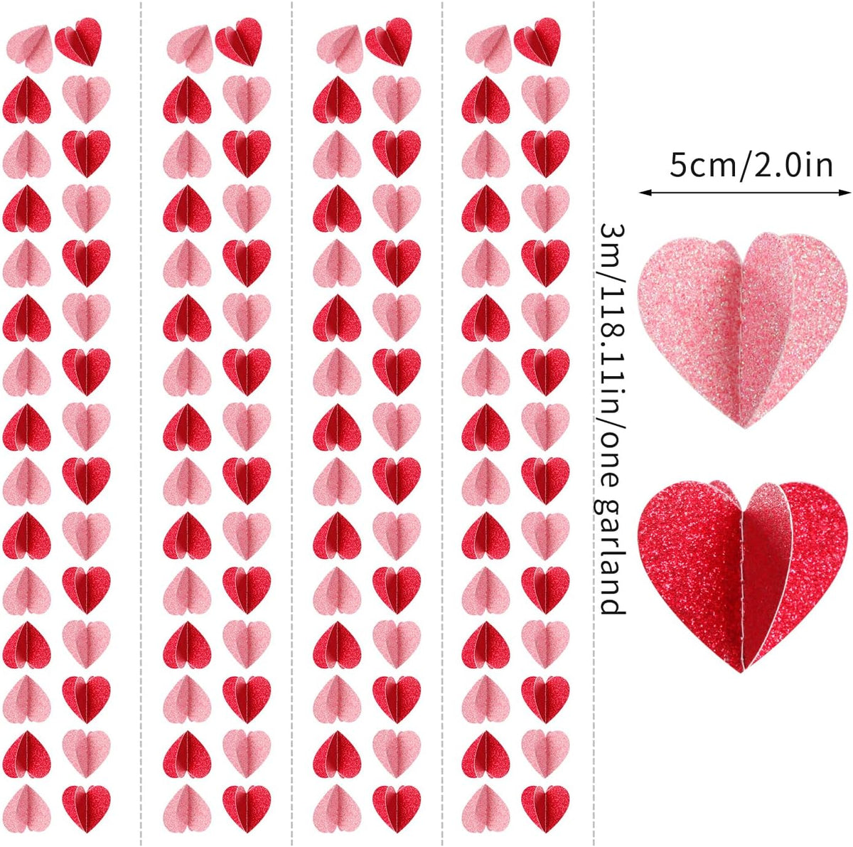 Red Pink Party-Decorations 3D-Heart Garland - 40ft Galentines Streamers Paper Banner, Proposal