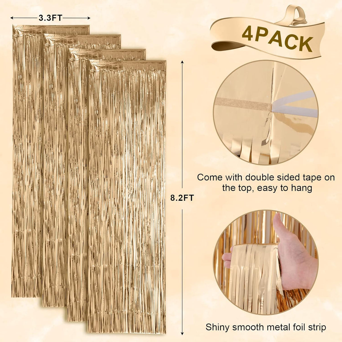 4 Pack Champagne Foil Fringe Backdrop Curtains, Tinsel Streamers Birthday Party Decorations, Fringe