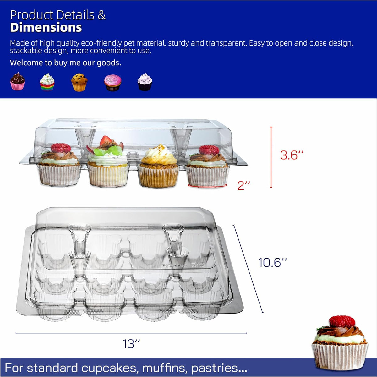 Cupcake Carriers for 12 Cupcakes,Premium Crystal-Clear Cupcake Boxes - 12 Sets of 10-Pack Standard