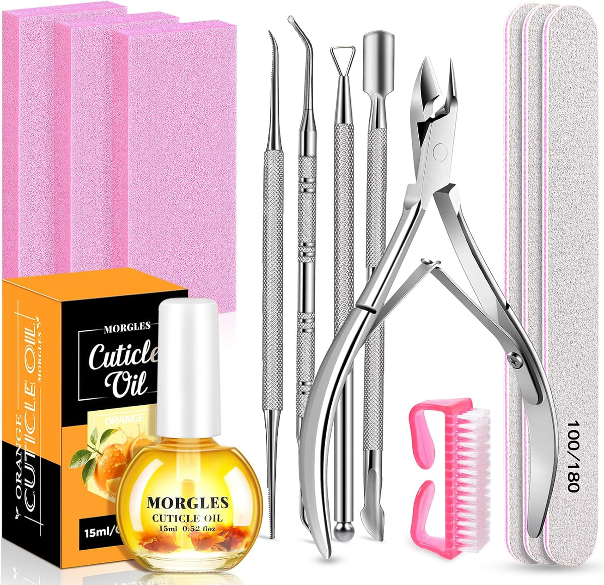 MORGLES Cuticle Remover Tools, Nail Files and Buffers Set with 1 Orange Cuticle Oil, Trimmer and