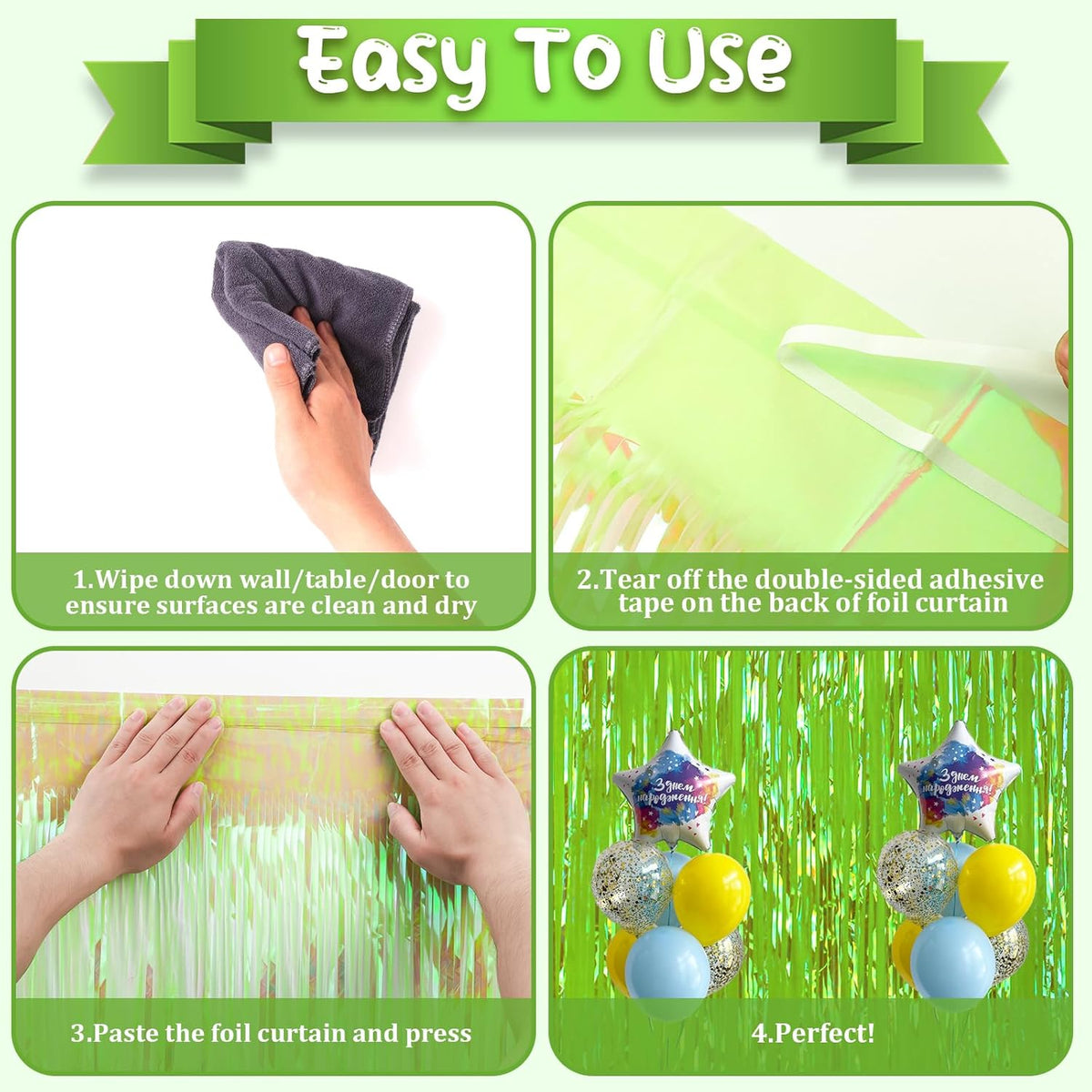 4 Pack 3.3x8.2 Feet Neon Green Foil Fringe Backdrop Curtains, Tinsel Streamers Birthday Party