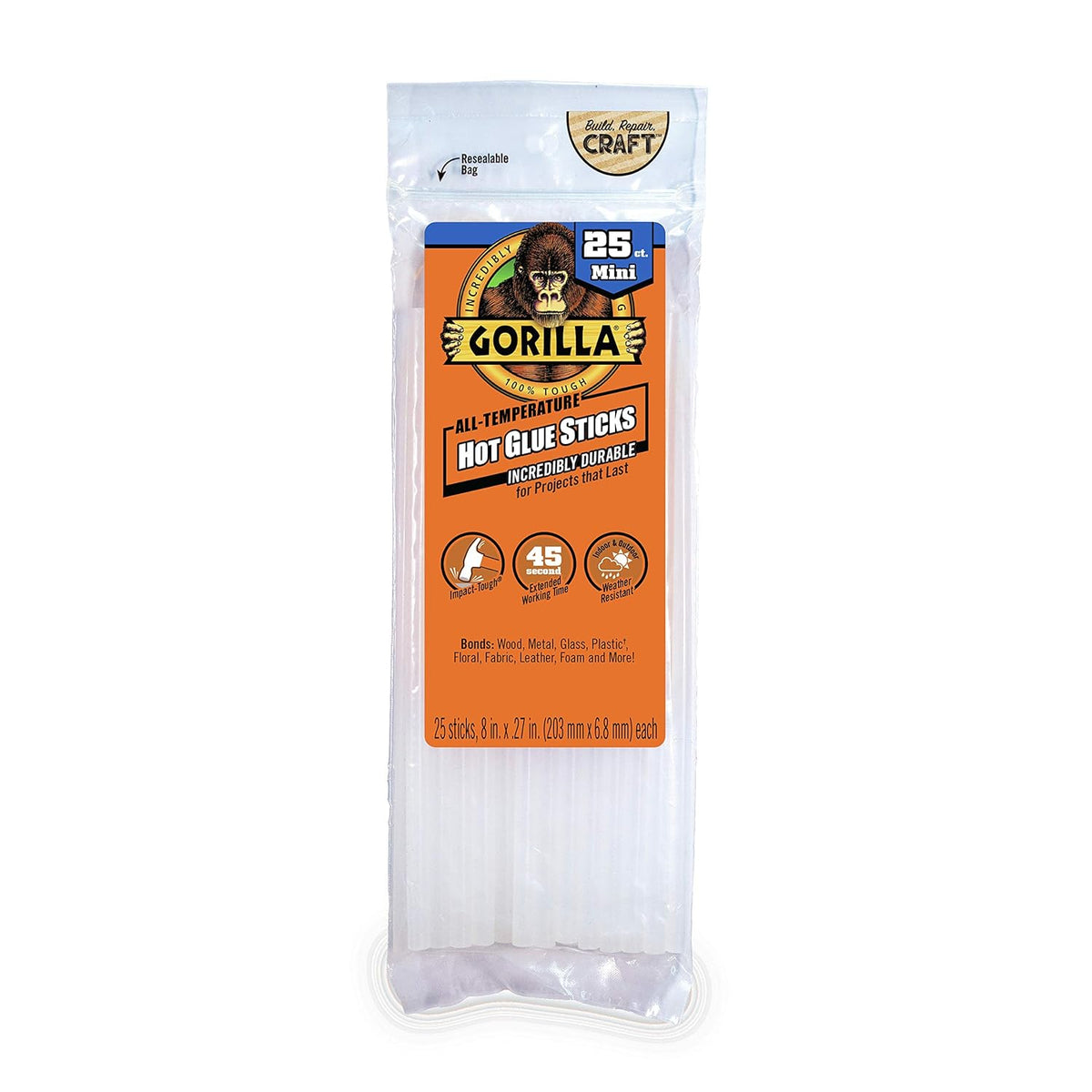 Gorilla Hot Glue Sticks, Clear Glue, Mini Size 8" Long x 0.27" Diameter, 25 Count (Pack of 1)