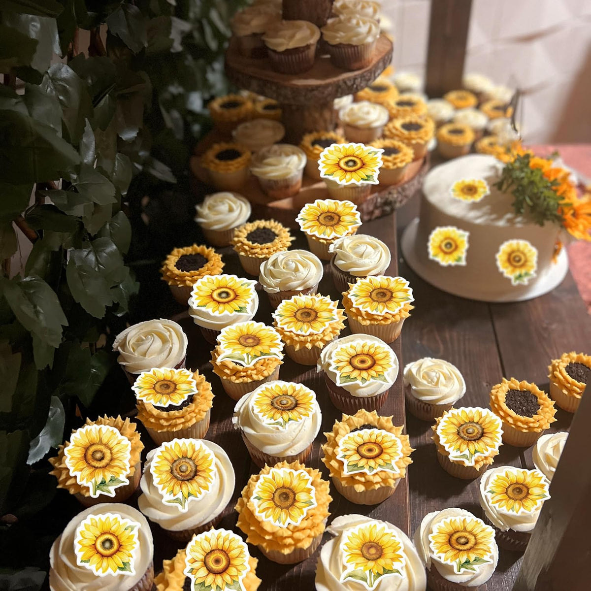 48 Pack Edible Sunflowers Cupcake Toppers Wafer Paper Floiwers Cupcake Picks Edible Yellow Sun