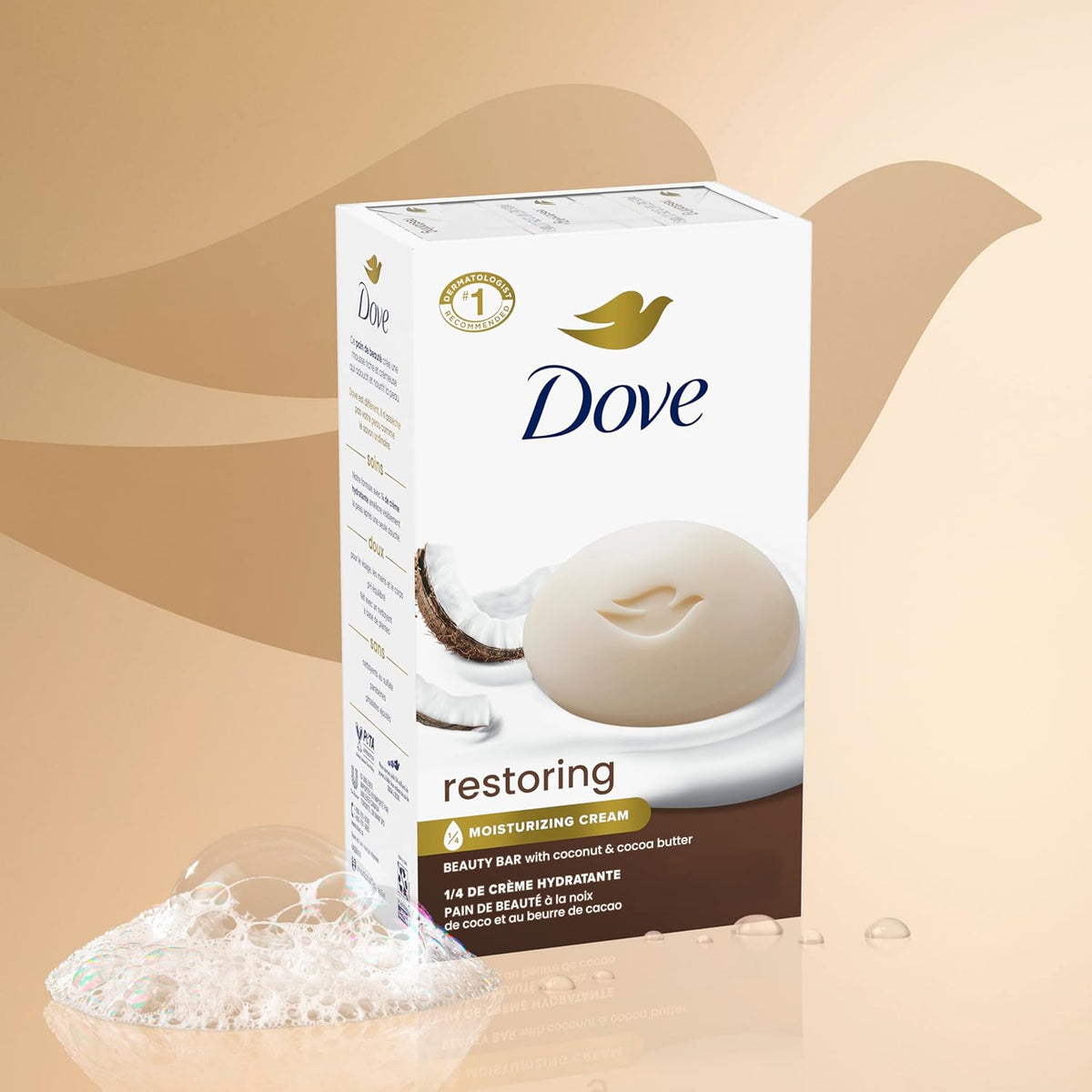 Dove Beauty Bar Soap Restoring Coconut & Cocoa Butter 6 Count for Restored Skin, Nourishes Skin