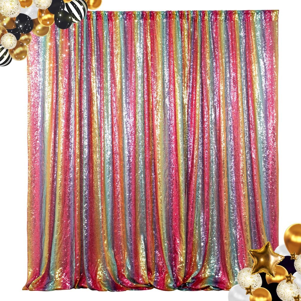 ShinyBeauty Sequin Backdrop Rainbow 10FTx10FT Fabric Curtain Shimmer Wall Backdrops for Photography