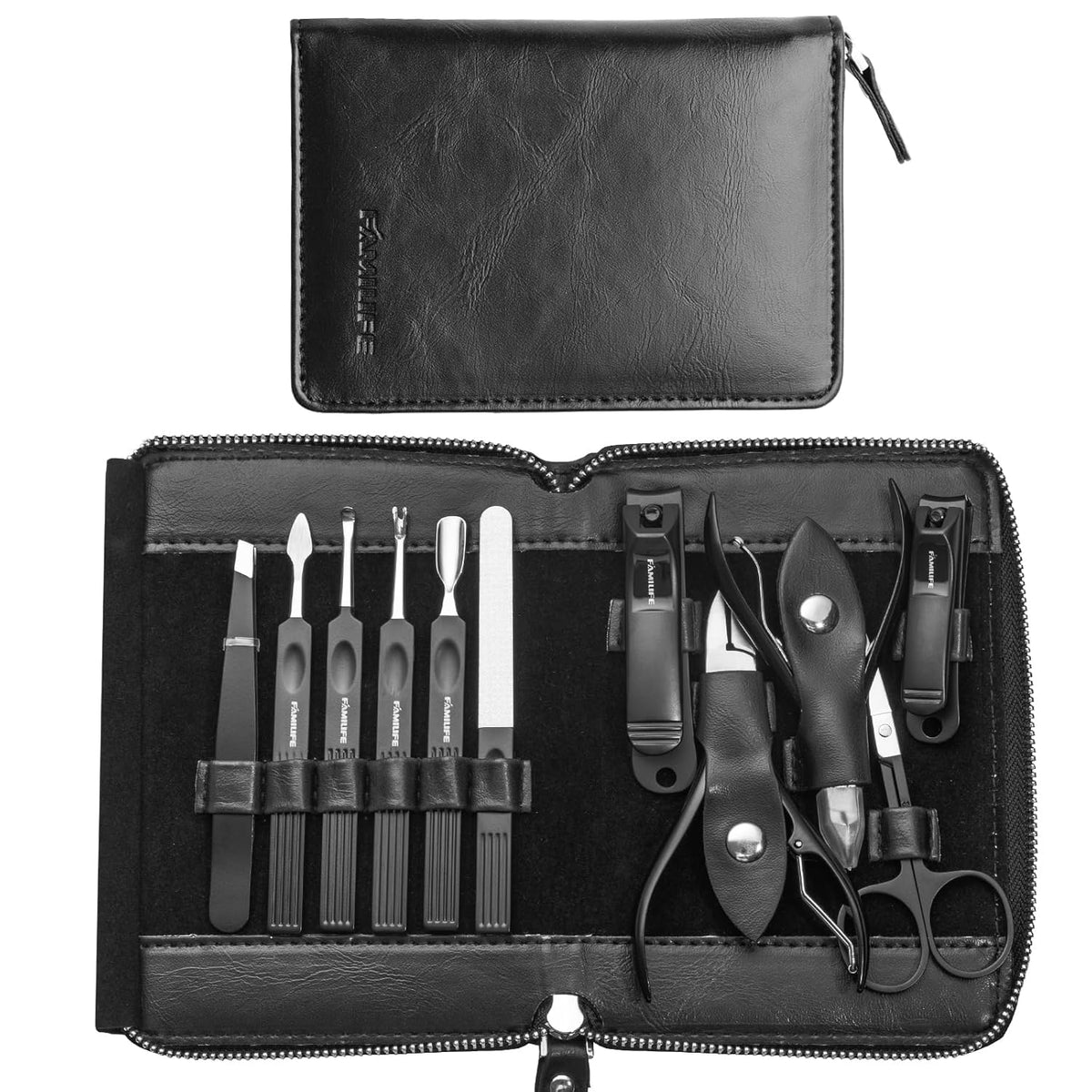 FAMILIFE Professional Manicure Set, Manicure Kit, Nail Clippers Set, 11 in 1 Stainless Steel Black
