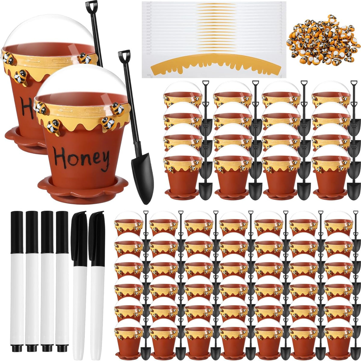 60 Sets Mini Honey Bee Pots with Lids, Spoon, Saucers and Bee Charms, 6.76 OZ Plastic Honey Jars