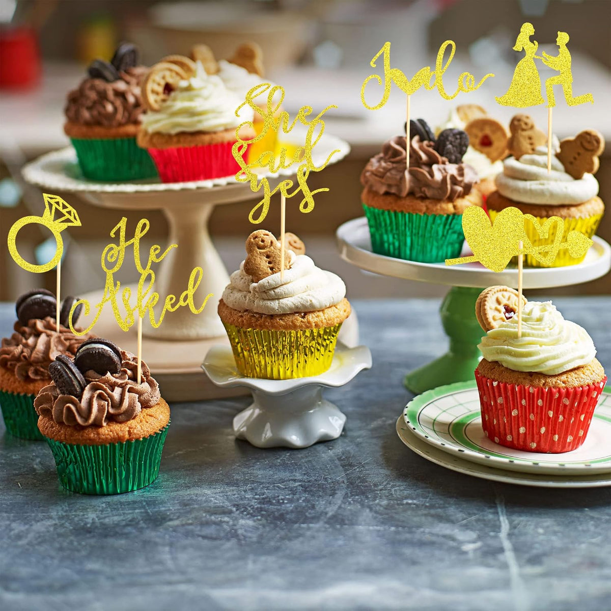 24Pcs He Asked She Said Yes Cupcake Toppers Diamond Ring Heart I Do Cake Picks for Wedding