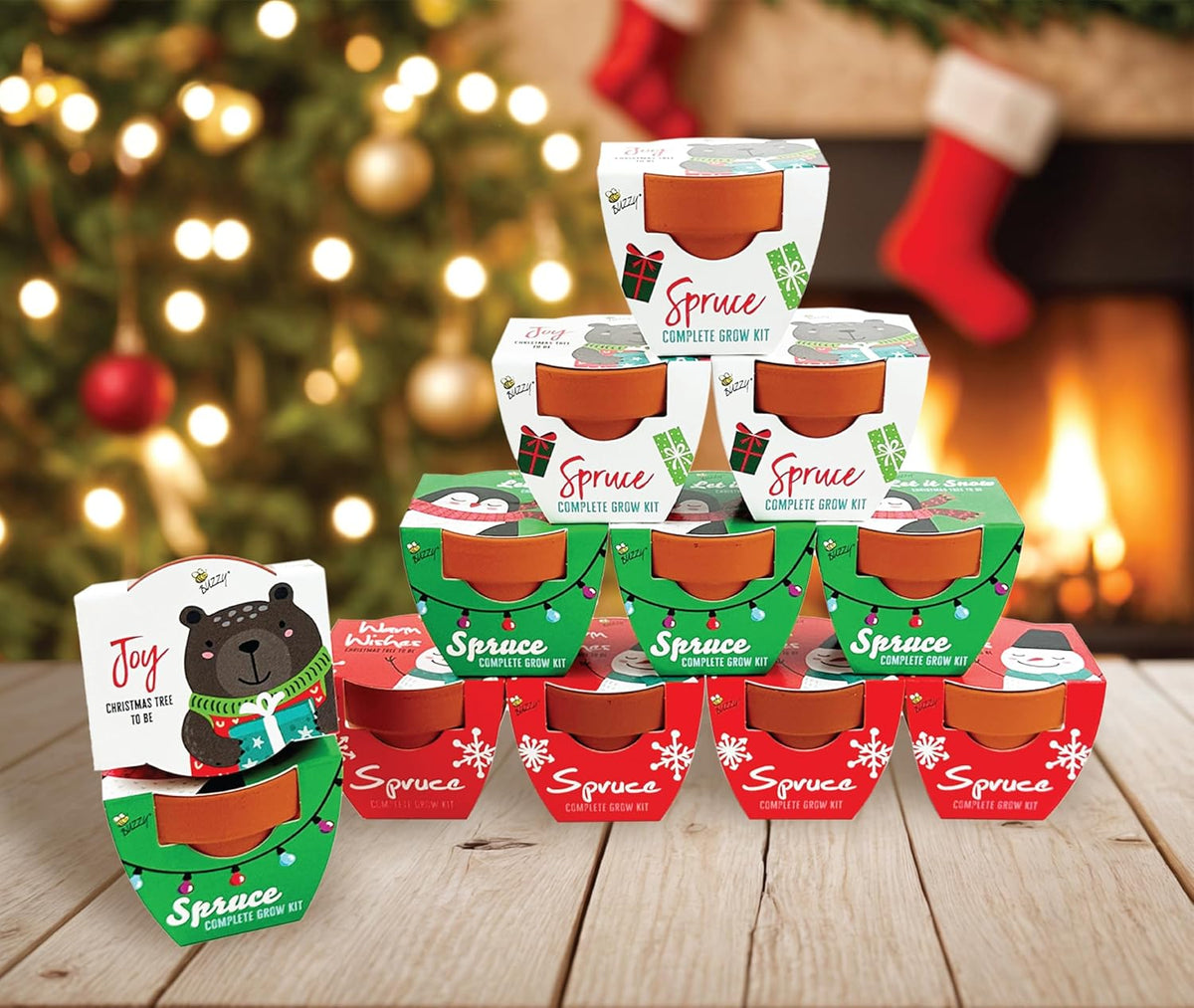 BUZZY Seeds Kids Holiday Mini Spruce Kit, 12-Pack Terracotta Pots with Bear, Penguin and Snowman