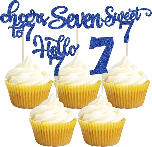 30Pcs 7th Birthday Cupcake Toppers Glitter Seven Happy 7 Cupcake Picks Cheers to 7 Years Old Cake