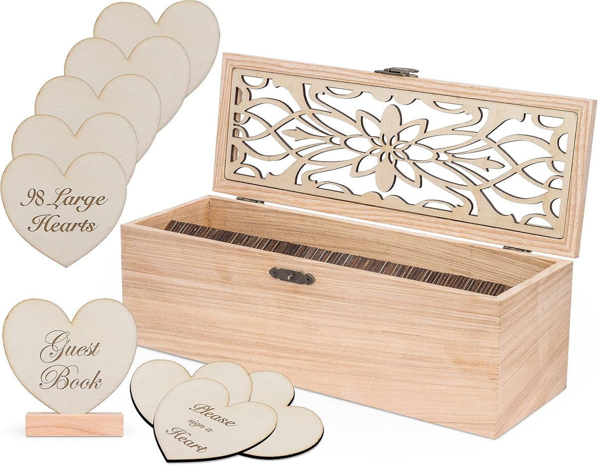 Alternative Guest Book Box - Wedding Guest book Alternative - 98 Large Wooden Hearts - Also for