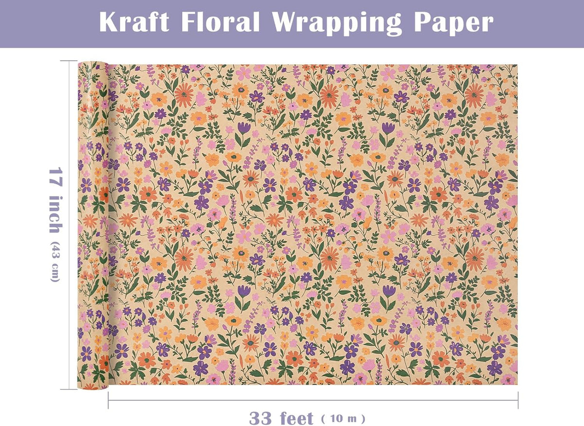 WRAPAHOLIC Kraft Floral Wrapping Paper Roll - Mini Roll - 17 Inch x 33 Feet - Vintage Flower