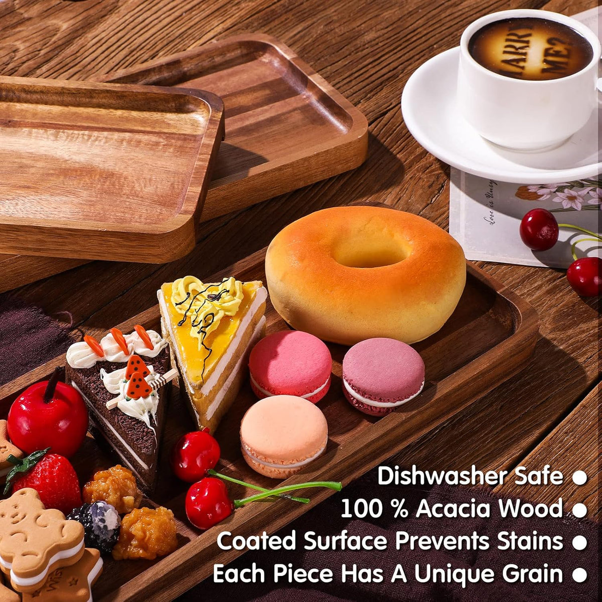 Roowest 5 Pack Solid Acacia Wood Serving Trays for Laser Engraving Rectangular Wooden Board for