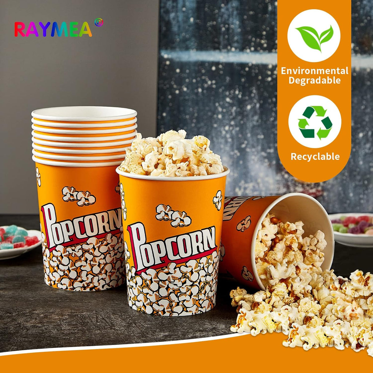 RAYMEA Popcorn Buckets Disposable 32oz Retro Style Paper Leak Proof Popcorn Containers Bowls for