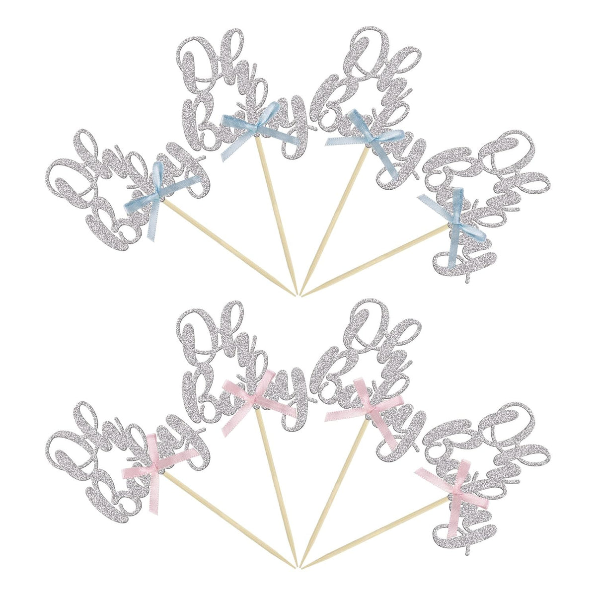 Gyufise 36Pcs Oh Baby Cupcake Toppers with Blue Pink Bowknot Silver Glitter Baby Shower Cupcake