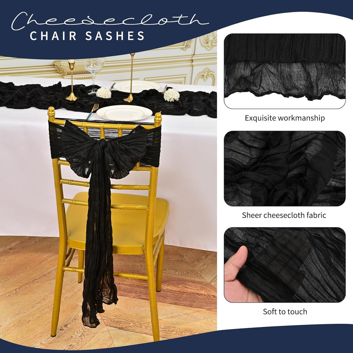 50 PCS Cheesecloth Chair Sashes, Bows Designed ChairSashes, 15.7x108 inch Chair Sashes for Aisle
