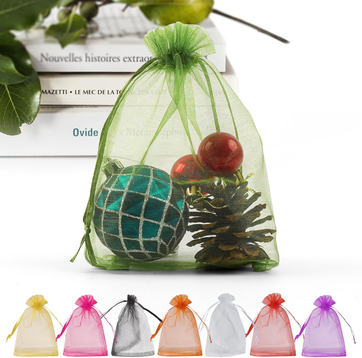 ANZNKU 100 Pack Green Organza Bags 4 x 6 inch Premium Sheer Drawstring Small Mesh Bags for Candy
