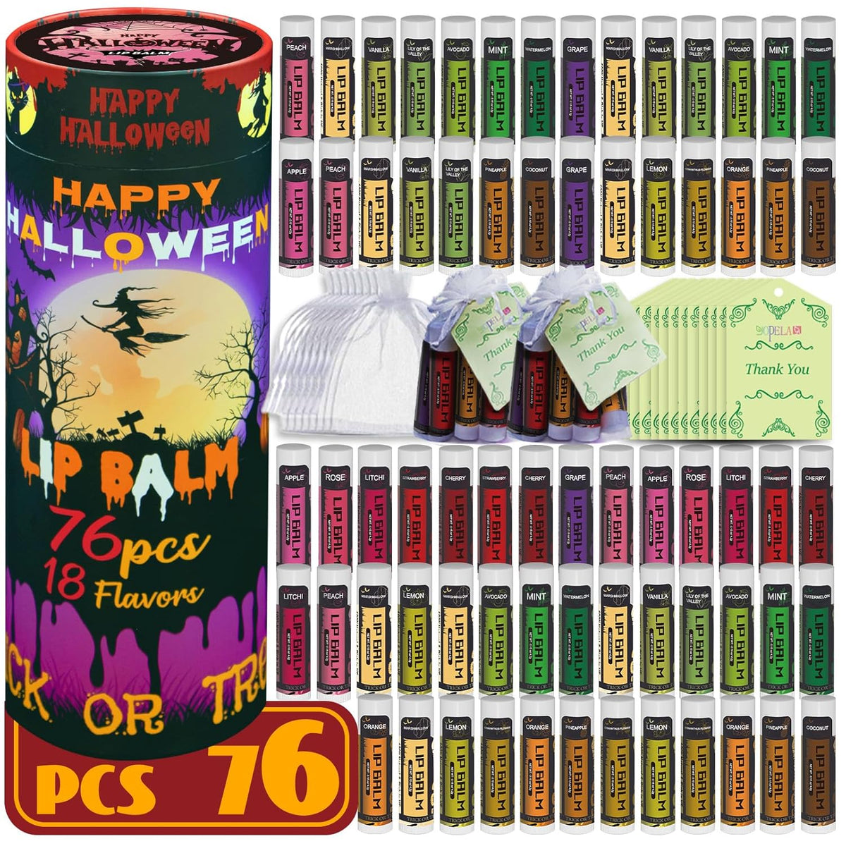 Yopela 76 Pack Halloween Natural Lip Balm Bulk with Vitamin E and Coconut Oil Lip Care Set